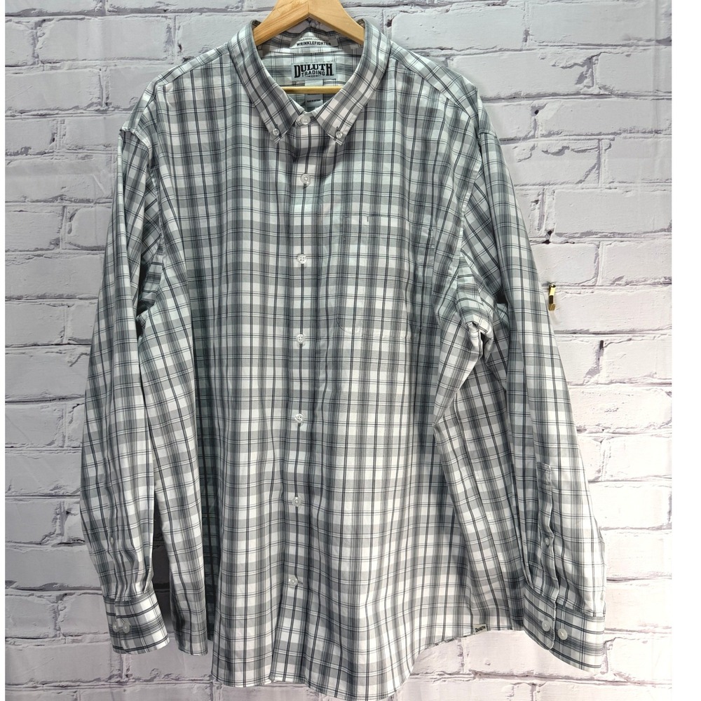 Duluth Trading Button Shirt Mens 2XL Wrinklefighter Relaxed Fit Gray Plaid Top